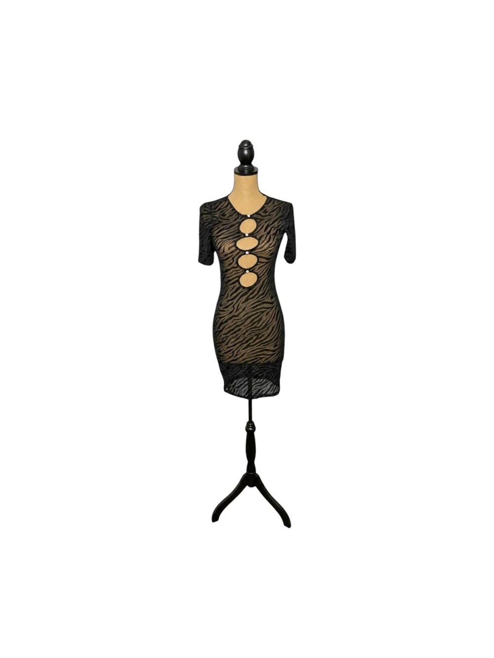 Lioness Sheer Flocked Zebra Mesh Mini Dress XS Black Cutout Bodycon